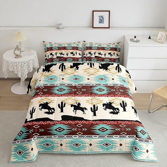 Feelyou Boho Comforter Set Full Size Horses Comforter Southwestern Native Aztec Bedding Set Farmhouse Wildlife Duvet Set Room Decor Beige Blue Quilt Set