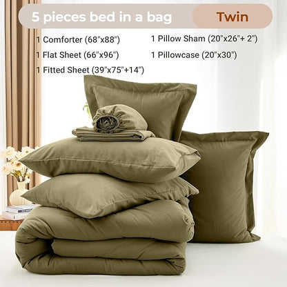 MUXHOMO 5 Pieces Twin Comforter Set, Soft Bed in a Bag Twin Size, All Season Bedding Set with Comforter, Flat Sheet, Fitted Sheet, Pillowcases & Shams, Olive Green