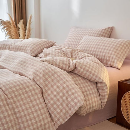 Pink Gingham King Duvet Cover Set Washed Cotton Boho King Comforter Cover Checkered Plaid Lightweight Cute Duvet Cover Set with Hidden Zipper Cozy Teen Bedding Set for Girls Duvet Protector