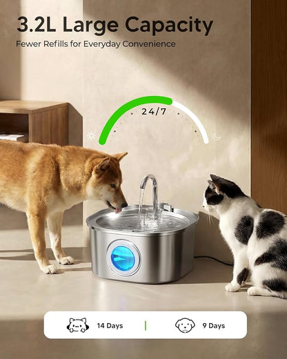 PEKTACO Stainless Steel Cat Water Fountain, 3.2L Drinking Fountain for Pets | Cat water dispenser, dishwasher safe, with triple filtration, quiet pump, and visible water window for cats and small pets