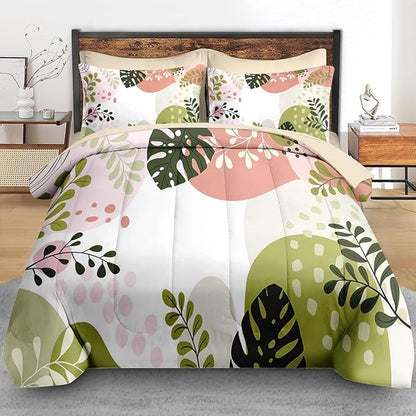 Comforter Set Queen Size, Tropical Leaves 7 Pcs Bedding for Kids and Adults, Colorful Bed Sheet Sets with Fitted Sheet 2 Pillowcase & 2 Sham for Bedroom Bed Decor