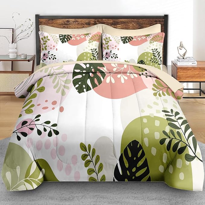 Comforter Set King Size, Tropical Leaves Flower 7 Pcs Bedding for Kids and Adults, Vintage Floral Bed Sheet Sets with Fitted Sheet 2 Pillowcase & 2 Sham for Bedroom Bed Decor