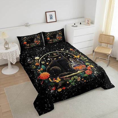 Kids Cartoon Cat Comforter Set Full Size,Colorful Flower Butterfly Leaves Botanical Bedding Set Bright Starry Sky Girls Boys Quilt Set Black Pet Animals Duvet Insert Boho Style,2 Pillowcases
