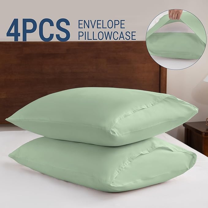 Pillowcases Standard 4 Pack, 20x26 Pillow Cases with Envelope Closure, Soft Plain Brushed Microfiber Covers Breathable Wrinkle-Resistant, Sage Green