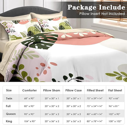 Comforter Set Queen Size, Tropical Leaves 7 Pcs Bedding for Kids and Adults, Colorful Bed Sheet Sets with Fitted Sheet 2 Pillowcase & 2 Sham for Bedroom Bed Decor