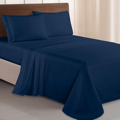 Elegant Comfort Luxurious 1500 Premium Hotel Quality Microfiber Three Line Embroidered Softest 4-Piece Bed Sheet Set, Wrinkle and Fade Resistant, Queen, Navy Blue