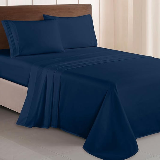 Elegant Comfort Luxurious 1500 Premium Hotel Quality Microfiber Three Line Embroidered Softest 4-Piece Bed Sheet Set, Wrinkle and Fade Resistant, Full, Navy Blue
