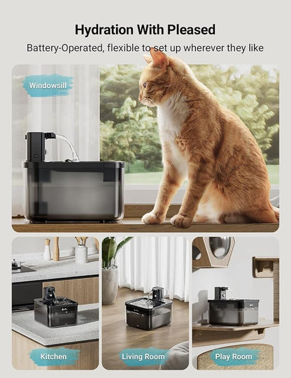 DownyPaws Cat Water Fountain Cordless, Pet Fountain, Black, 6 Filters | Wireless Cat Drinking Water Fountains for Cats Indoor, Fursink , Battery Operated, Motion Sensor, Ultra Quiet Pump, BPA-Free