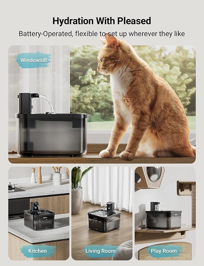 DownyPaws Cat Water Fountain Cordless, 84oz/2.5L Fursink Wireless Pet Water Fountains for Cats Indoor, Battery Operated Cat Drinking Fountain with Motion Sensor, Ultra Quiet Pump, BPA-Free, Black | Wireless Cat Drinking Water Fountains for Cats Indoor,...