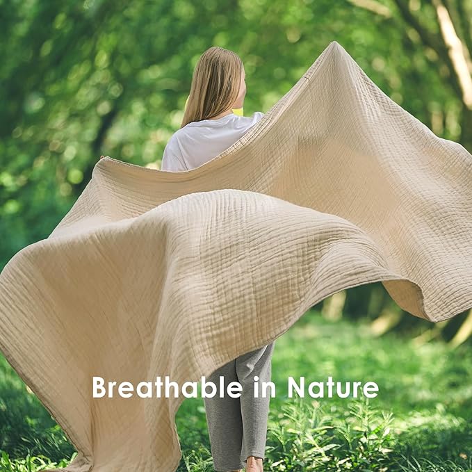 EMME Cotton Muslin King Blanket Big Oversized Bed Layering Bedspread Coverlet Light Tan Breathable Gauze Soft Lightweight Blankets (120"x94")