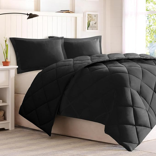 Madison Park Comforter Set, Reversible Down Alternative All Season Microfiber Bedding, 3M Scotchgard Stain Release, King Dorm Comforter, Black/Black