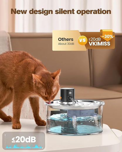Wireless Cat Water Fountain Cordless | 108oz/3.2L Battery Operated Pet Fountain with Stainless Steel Water Tray + Plastic barrel (with 8 Filters & 8 Sponges)
