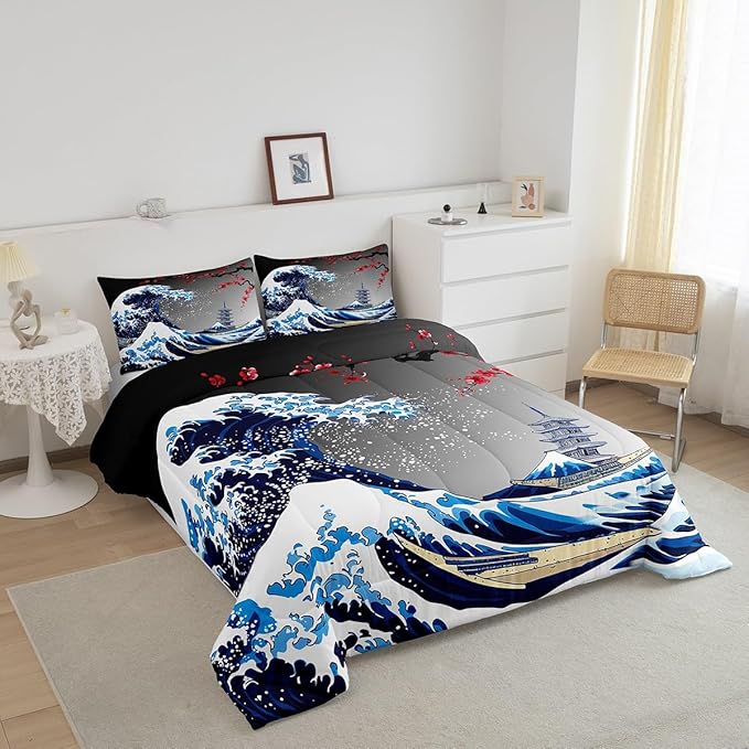 Castle Fairy Ukiyoe Ocean Wave Bedding Set King Size Japanese Style Comforter Set for Girls Boys Historical Building Boat Down Comforter Red Plum Blossom Flower Quilt Set with 2 Pillowcases