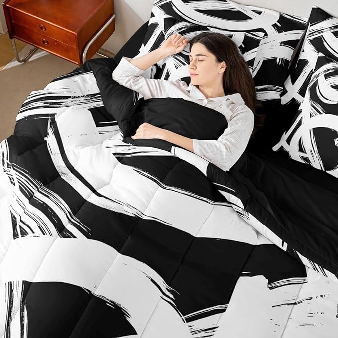 Erosebridal White Black Abstract 7 Piece Comforter Set Queen Geometric Simple Sketch Bedding Set Modern Graffiti Minimalist Line Comforter Cool Unique Fashion Sheet Set Contemporary Room Decor