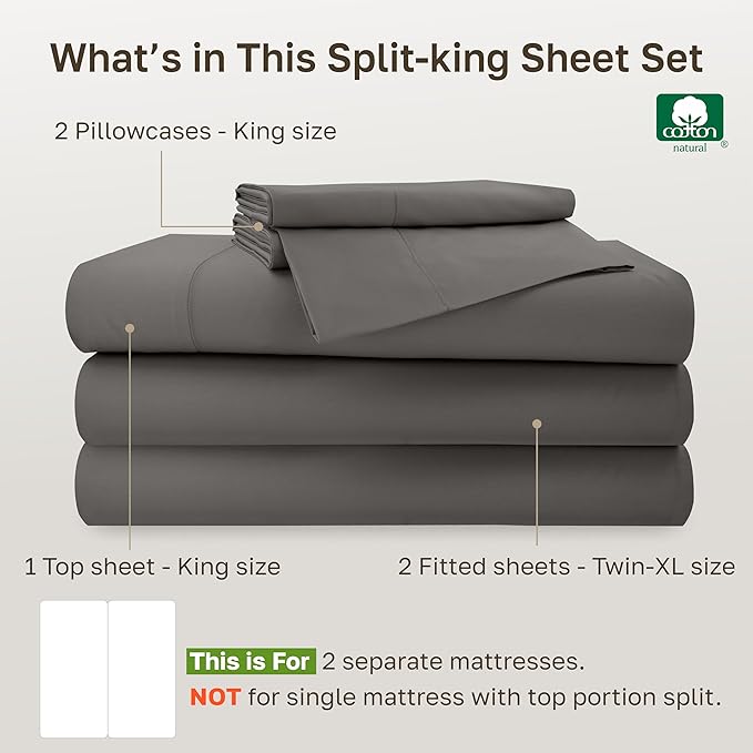 California Design Den Sheet Set Split-King - 500 Thread Count 100% Cotton, Sateen Weave, Breathable Sheet Set, Luxury Sheets for Adjustable Bed Split King, 100% Cotton - Dark Grey
