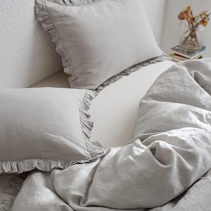 Simple&Opulence 100% Linen Duvet Cover Set, Natural French Flax Light Grey Ruffle Duvet Cover Twin Size, Breathable Comfy Linen Bedding Comforter Cover with 1 Pillowcase (Light Grey, 68" x 86")