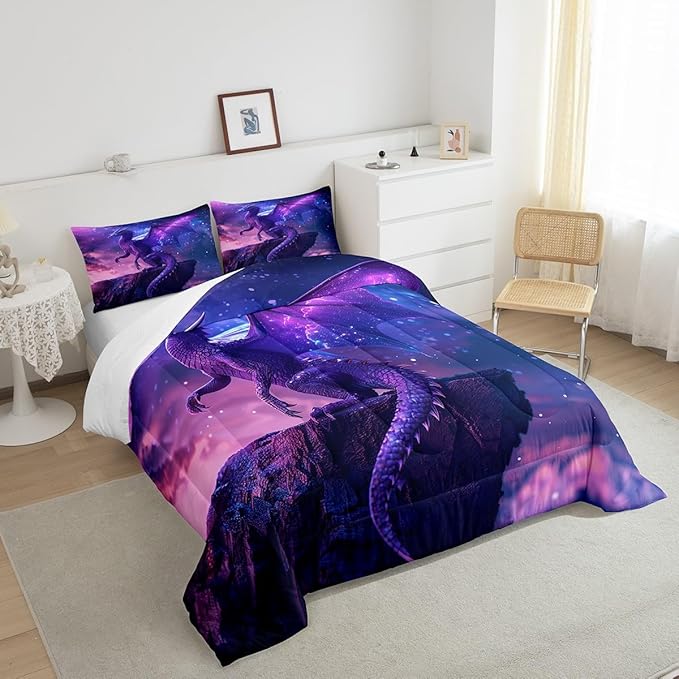 3D Purple Dragon Comforter Set Twin Size,Magical Wild Animal Duvet Insert 2Pcs,Galaxy Nebula Starry Sky Fantasy Bedding Set for Kids Boys Girls Room Decor,Modern Trippy Quilt Set,1 Pillowcase
