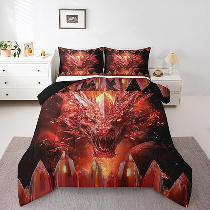 Castle Fairy Dragon 3 Pcs King Size Comforter Set,Western Fierce Animals Down Alternative Adults Bedroom Decor,Flames Dragon Ultra Soft Microfiber Inner Fill 3Pcs Bedding