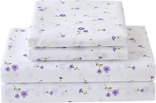 Softan Purple Floral King Bed Sheet Set, Cozy Microfiber Patterned Fitted Sheets with 15" Deep Pocket & Non-Slip Straps, Cute Purple Flower Printed Sheets & Pillowcase Set King