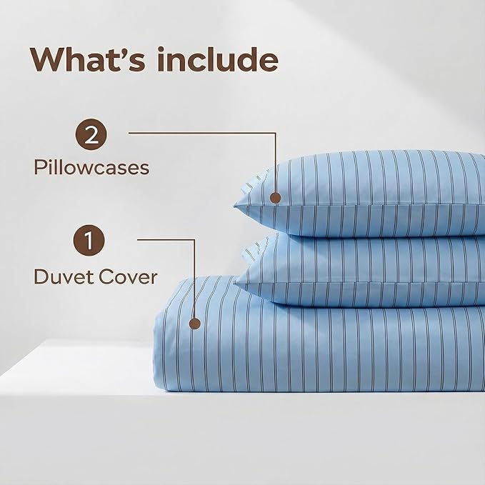 Bedbay Blue Striped Duvet Cover Set King Size, 100% Cotton Sateen Bedding Set, Soft Breathable Hotel-Inspired 3 Piece Duvet Cover for All Seasons