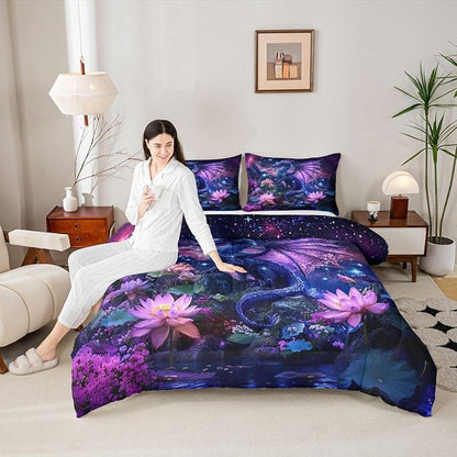 Feelyou Dragon Comforter Set Queen Size Dragon Stuff Bedding Set for Kids Boys Girls Wild Life Duvet Quilt Magic Wildlife Bedroom Decor Dull Purple Microfiber 3 Pcs with 2 Pillow Cases