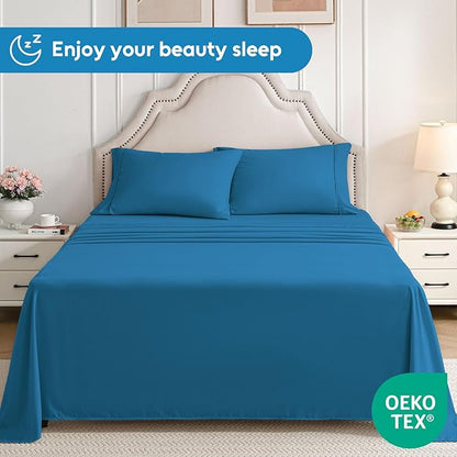 Queen Sheet Set, 4 Pieces Hotel Luxury Soft Microfiber Queen Bed Sheets Set, Up to 16" Deep Pockets, Oeko-Tex Sheets with Elastic, Breathable, Wrinkle Free (Peacock Blue,Queen)