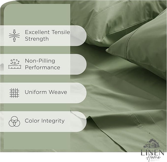 Linen Home 100% Cotton Percale Sheets King Size, 4-Piece Set - Crisp, Soft, Cool & Breathable, Deep Pocket Fits 16" Mattress, Long-Staple Combed Cotton, Hotel Style, Oil Green