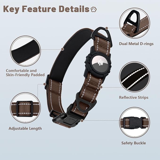 Taglory AirTag Dog Collar with Waterproof Holder for Medium Dogs, Brown, M | Reflective for Night Walks & Low-Light Safety, Track Your Pup Peace of Mind, Adjustable Soft Padded, No More Dangling Tags