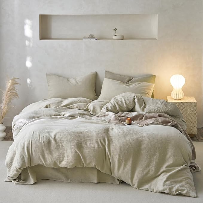 EAVD Soft 100% Muslin Cotton Duvet Cover King Solid Beige Duvet Cover with Zipper Closure Lightweight Linen Like Guaze Textured Comforter Cover with 2 Pillowcases Modern Solid Bedding Set