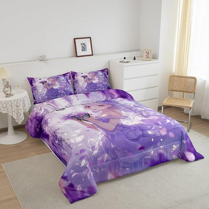 Erosebridal Cute Kawaii Anime Girl Bedding Set Japanese Style Anime Kids Down Comforter Cartoon Print Queen Comforter Set Purple Romantic Flower Butterfly Bed Set 2 Pillow Cases