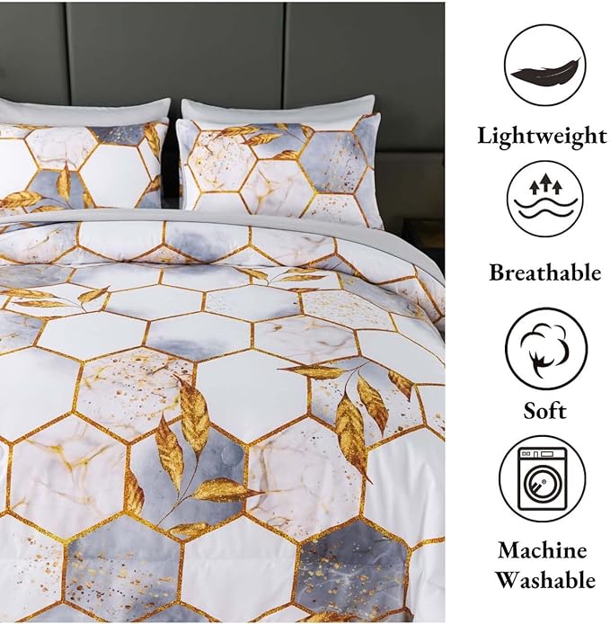 ANGIYUIN 7 Pieces White Gold Comforter Set Full Geometric Foil Print Bed Set Marble Hexagon Bedding Sets Ultra Soft Honeycomb Bed in A Bag for All Season (White Full)