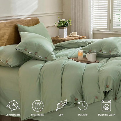 JELLYMONI Cotton Duvet Cover King Size - Light Green Comforter Cover with Button 100% Washed Cotton 3PCS Breathable Soft Solid Bedding Set Duvet Cover 104×90in & 2 Pillowcases (NO Comforter)