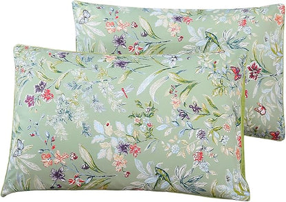 WINLIFE 100% Cotton Pillowcases Queen Size Sage Green Garden Floral & Butterflies Printed Pillow Cover 2 Pack, Soft Envelope Closure Decorative Pillow Case Set (Queen, 20"x30")