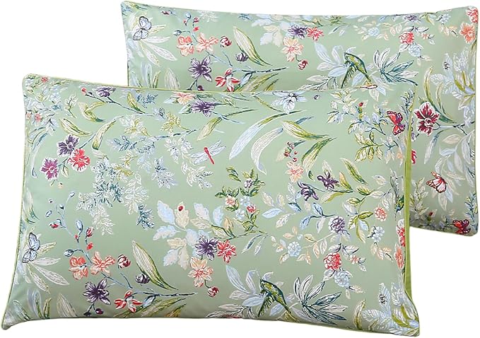 WINLIFE 100% Cotton Pillowcases Standard Size Sage Green Garden Floral Printed Pillow Cover 2 Pack, Soft Smooth Cool Envelope Closure Pillow Case Set (Standard, 20"x26")