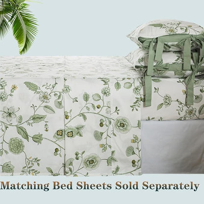 FADFAY Green Duvet Cover Set Twin Floral Bedding 100% Cotton Shabby Vintage Reversible Zipper Farmhouse Comforter Cover Flower Print Bed Covers Girls Kids Pretty Bowknot Soft Breathable 3Pcs