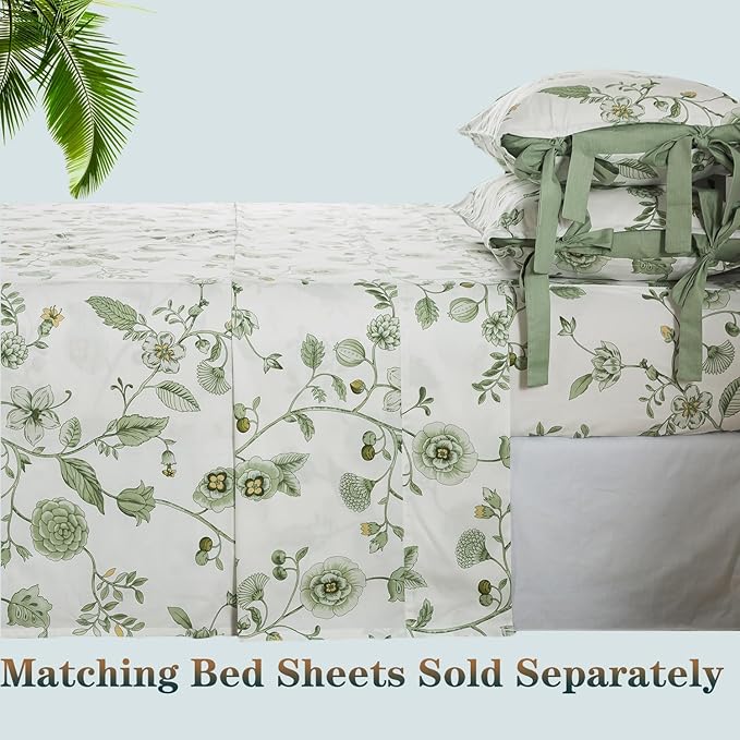 FADFAY Green Duvet Cover Set Queen Floral Bedding 100% Cotton Shabby Vintage Reversible Zipper Farmhouse Comforter Cover Flower Print Bed Covers Girls Pretty Bowknot Soft Breathable 3Pcs