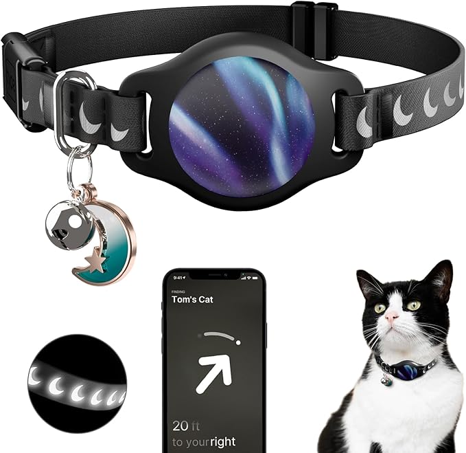 typecase Reflective Breakaway Cat Collar with AirTag Holder, Black/Blue | Black Reflective Breakaway Cat Collar With Bell And Silicone AirTag Holder; Adjustable 8-12 In; AirTag Not Included