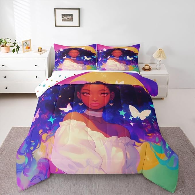 Erosebridal Black Princess Bedding Sets American Afro-Girl Comforter Set Moon Galaxy Girl Butterfly Decorations Bedding Queen