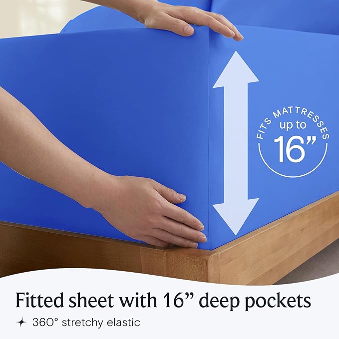 LuxClub 4 PC Sheet Set Bed Sheets Deep Pockets 16" Eco Friendly Wrinkle Free Cooling Machine Washable Hotel Bedding Silky Soft - Marine Blue King