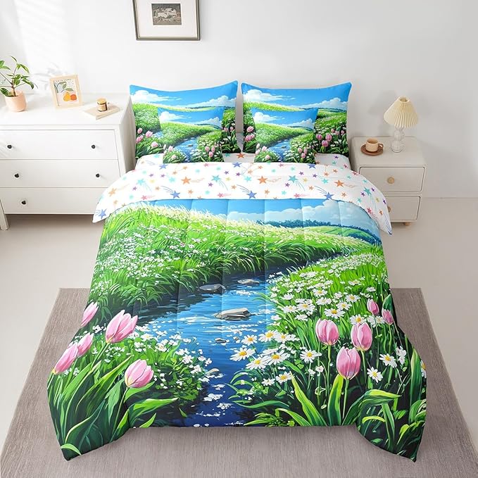 jejeloiu Cute Anime Floral Bedding Set 7Pcs Queen Size Kids Tulip Floral Comforter Set with Sheets for Boys Girls Flower River Bed in a Bag Soft Lightweight,Microfiber