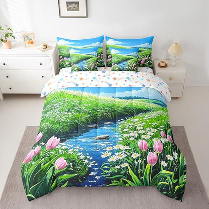 jejeloiu Cute Anime Floral Bedding Set 7Pcs Queen Size Kids Tulip Floral Comforter Set with Sheets for Boys Girls Flower River Bed in a Bag Soft Lightweight,Microfiber