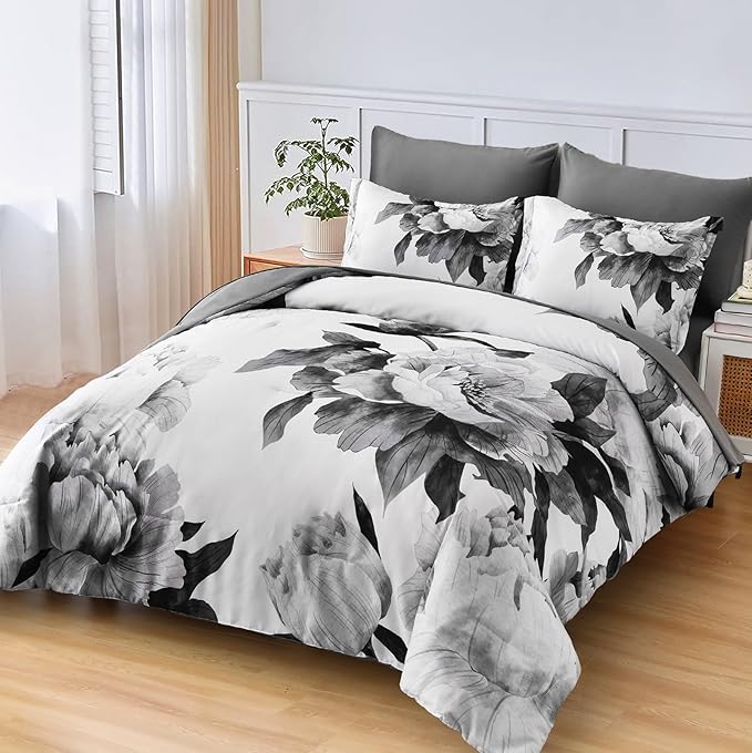 Dobuyly Grey Comforter Set King 7 Piece Bed in a Bag, Gray Floral Printed on White Comforter Set with Sheets, Soft Microfiber Botanical Farmhouse Bedding Set for All Season
