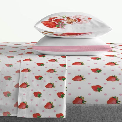 Jay Franco Kids Sheet Set with Fitted, Flat Sheets & Pillow Cover - Ultra-Soft Bedding with Pillowcase for Room Decor, White - Strawberry Shortcake, 4 Piece Queen