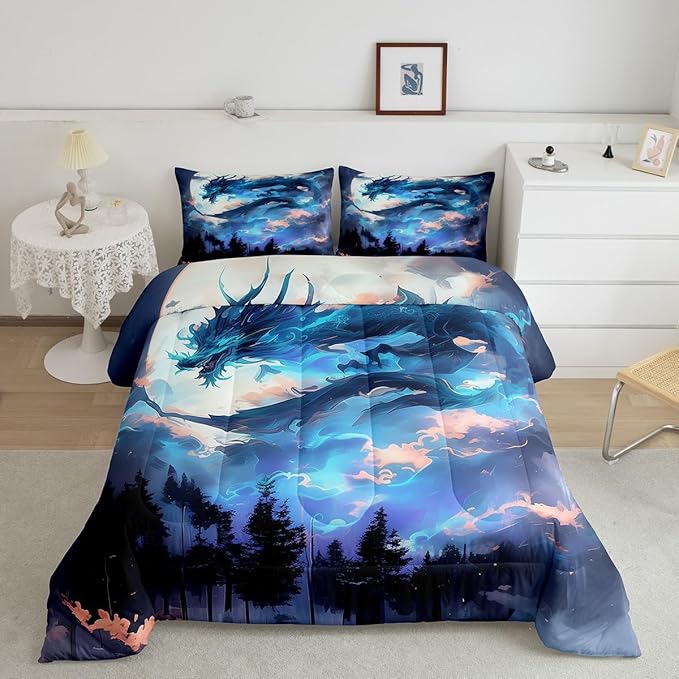 Dragon Comforter Set King Size,Blue Western Magical Animals Bedding Set,Kids Boys Girls Room Decor Moon Starry Sky Volcano Lightning Quilt Set Trippy Style Wildlife Theme Duvet Insert,2 Pillowcases