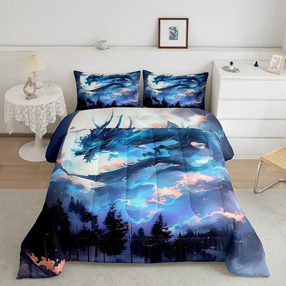 Dragon Comforter Set Queen Size,Moon Starry Sky Volcano Lightning Bedding Set,Kids Boys Girls Room Decor Blue Western Magical Animals Quilt Set Trippy Style Wildlife Theme Duvet Insert,2 Pillowcases