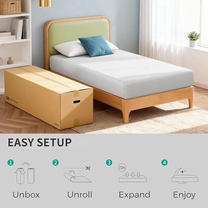 FDW 8 Inch Twin Mattress, Medium Firm Gel Memory Foam, Cooling Ventilated Foam, Pressure Relief, White, Removable Washable Cover, Bed in a Box, CertiPUR‑US Certified
