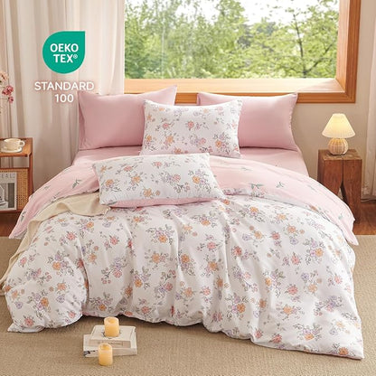 Floral Comforter Set Twin Size - 2 Pieces Pink White Floral Comforter Bedding Sets Reversible Pattern,Twin Bed in a Bag with Flowers Comforter and 1 Pillowcase