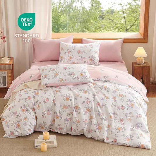 Floral Comforter Set Full Size - 3 Pieces Pink White Floral Comforter Bedding Sets Reversible Pattern,Full Bed in a Bag with Flowers Comforter and 2 Pillowcases