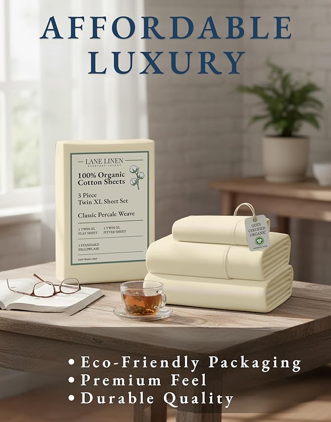 LANE LINEN 100% Organic Cotton Twin XL Sheets Set, 3-Piece Pure Organic Cotton Percale Sheets, Cotton Bedsheets, Ultra Soft Bedding Sheets, Breathable, Fits Mattress Upto 15" Deep - Natural