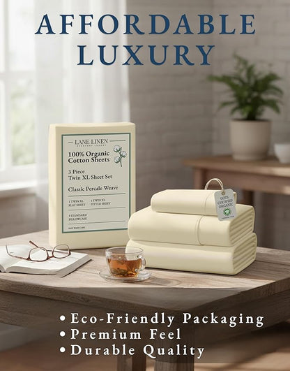LANE LINEN 100% Organic Cotton Twin XL Sheets Set, 3-Piece Pure Organic Cotton Percale Sheets, Cotton Bedsheets, Ultra Soft Bedding Sheets, Breathable, Fits Mattress Upto 15" Deep - Natural